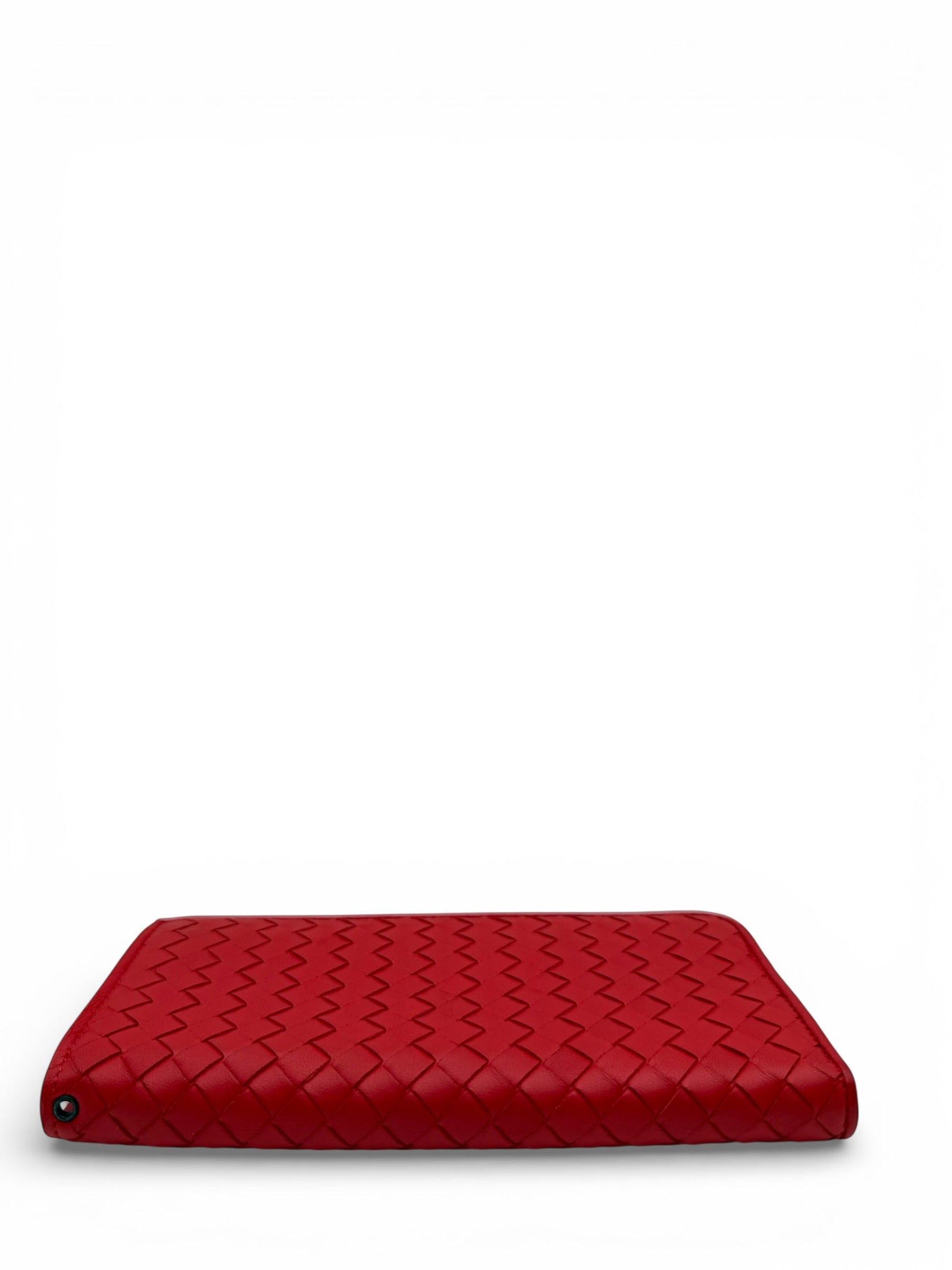BOTTEGA VENETA RED INTECCIATO WOVEN NAPPA LEATHER ZIP ARROUND WALLET