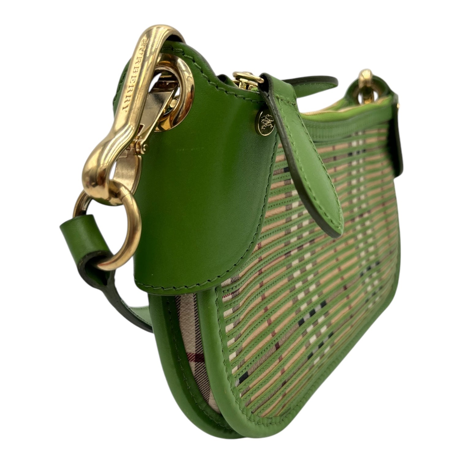 BURBERRY NOVA CHECK LEATHER POCHETTE BAG APPLE GREEN