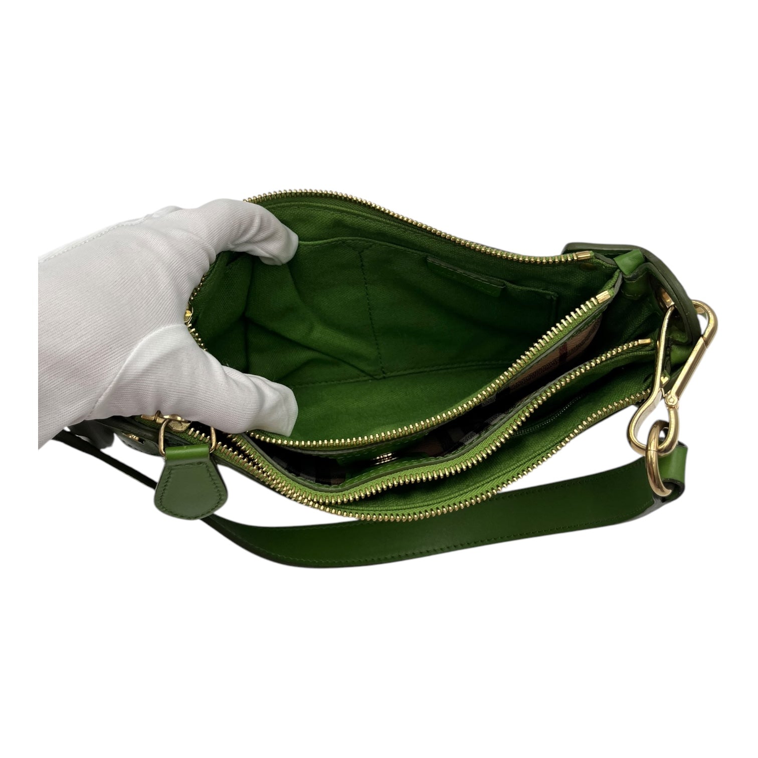 BURBERRY NOVA CHECK LEATHER POCHETTE BAG APPLE GREEN