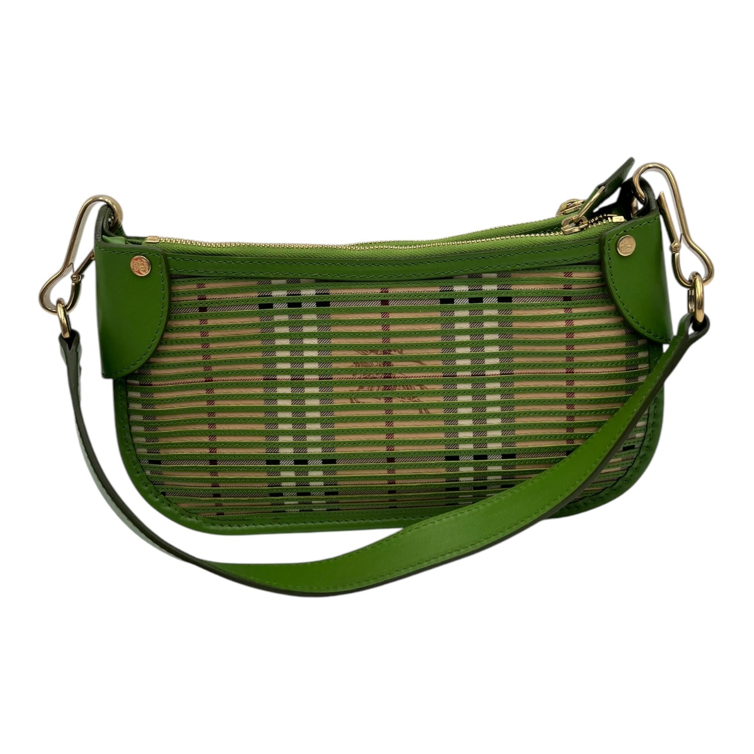 BURBERRY NOVA CHECK LEATHER POCHETTE BAG APPLE GREEN