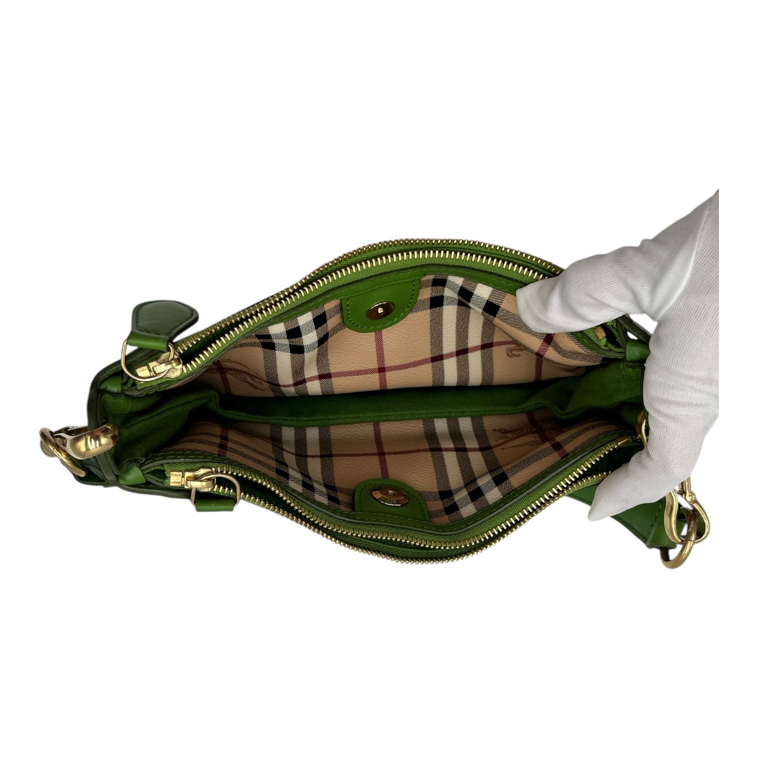 BURBERRY NOVA CHECK LEATHER POCHETTE BAG APPLE GREEN