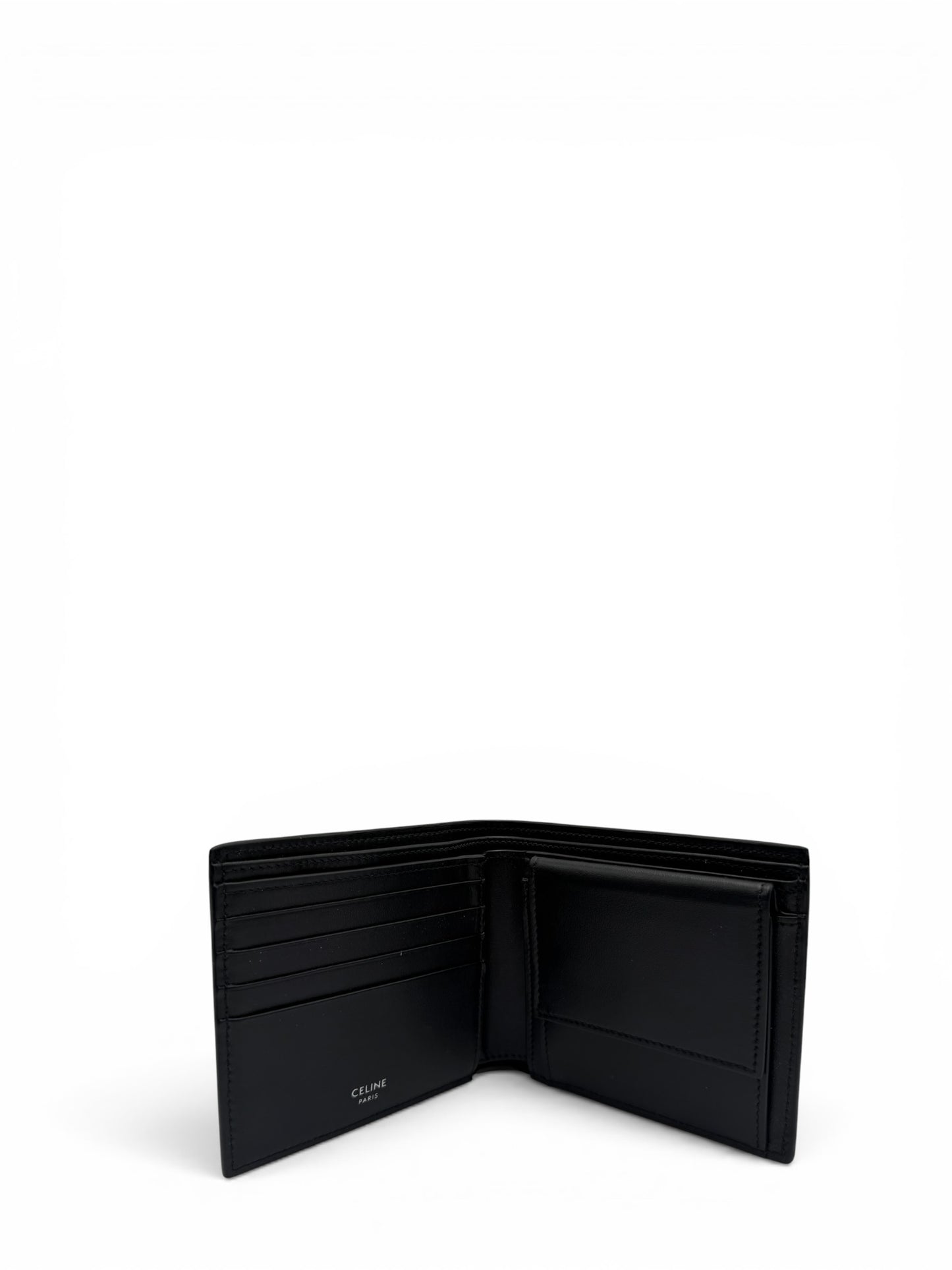 CELINE BLACK  MEN BI-FOLD WALLET IN SMOOTH CALFSKIN LEATHER WITH A PRINTED LOGO