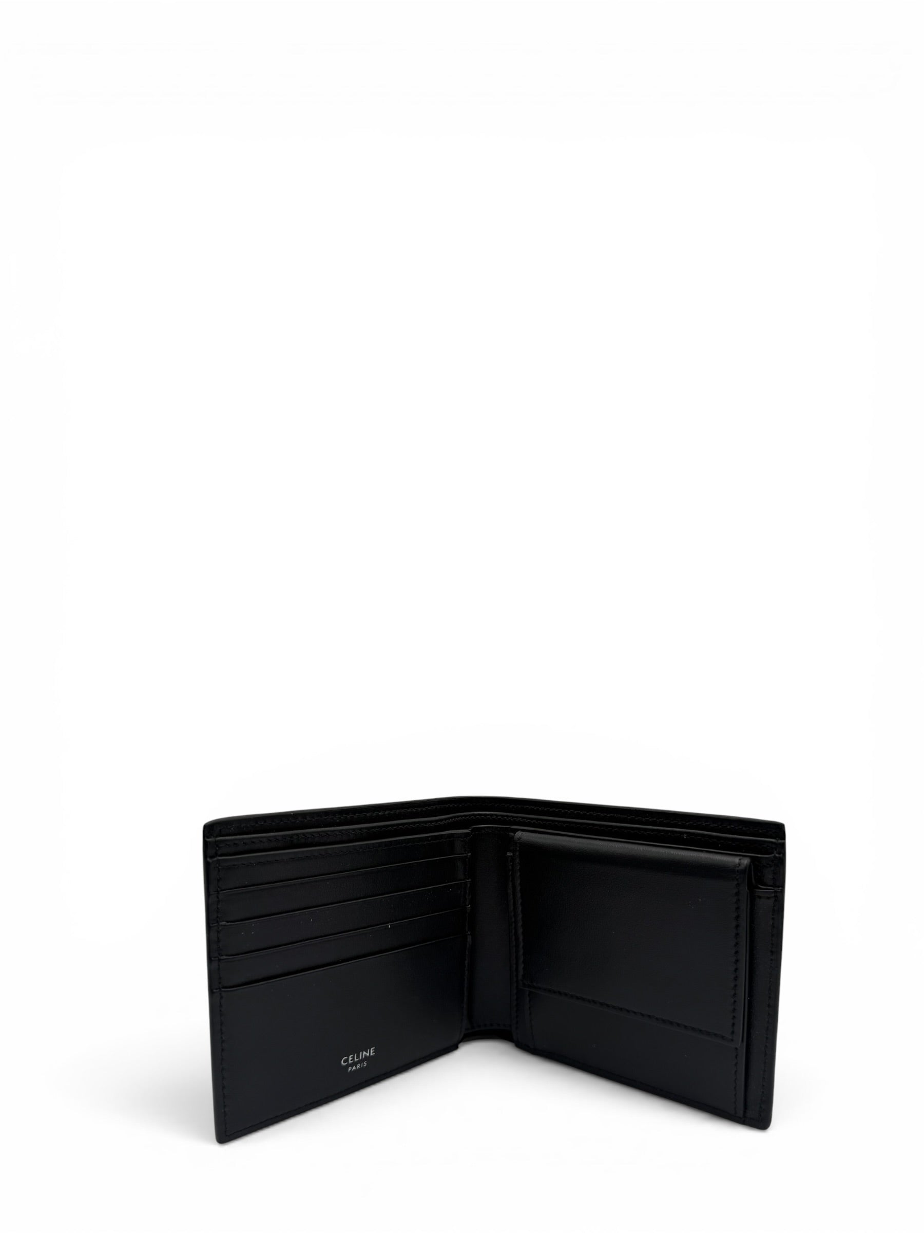 CELINE BLACK  MEN BI-FOLD WALLET IN SMOOTH CALFSKIN LEATHER WITH A PRINTED LOGO