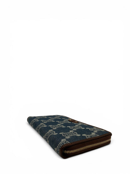 CELINE MACADAM BLUE MONOGRAM JACQUARD DENIM WITH BROWN LEATHER TRIM.