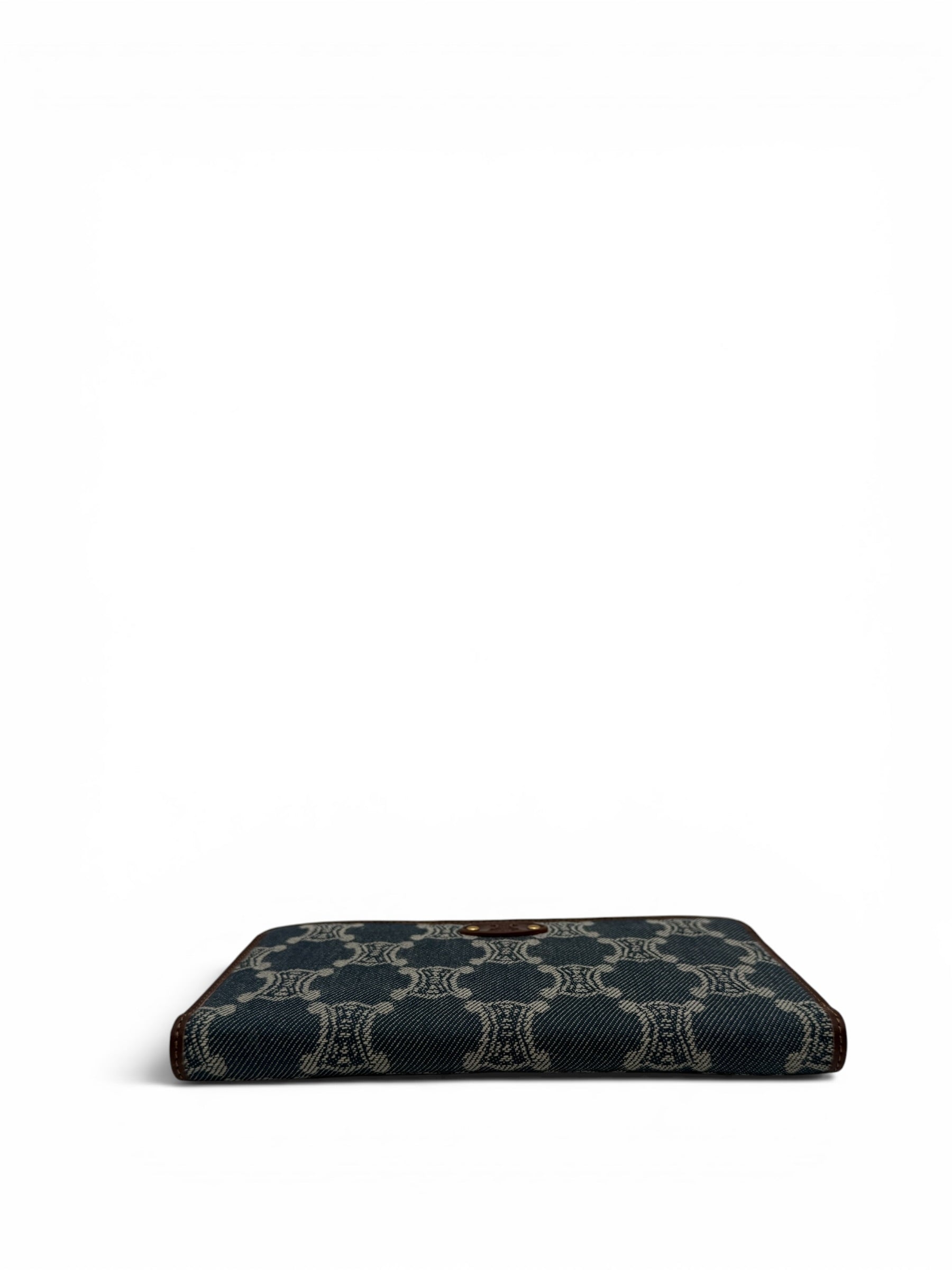 CELINE MACADAM BLUE MONOGRAM JACQUARD DENIM WITH BROWN LEATHER TRIM.