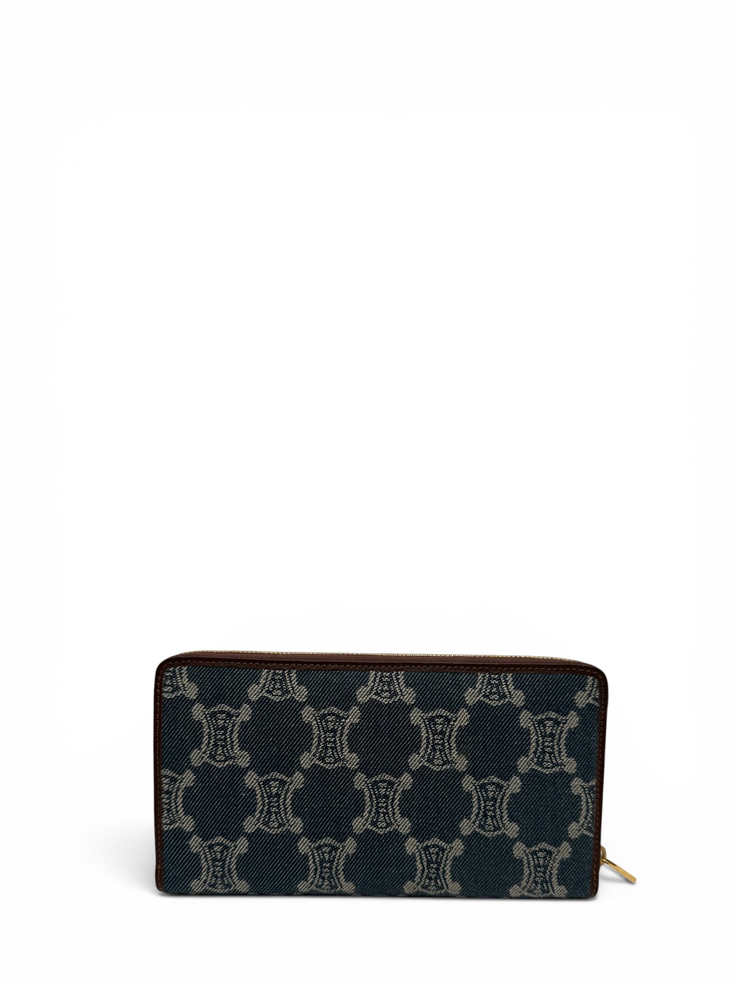 CELINE MACADAM BLUE MONOGRAM JACQUARD DENIM WITH BROWN LEATHER TRIM.
