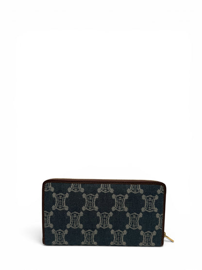 CELINE MACADAM BLUE MONOGRAM JACQUARD DENIM WITH BROWN LEATHER TRIM.