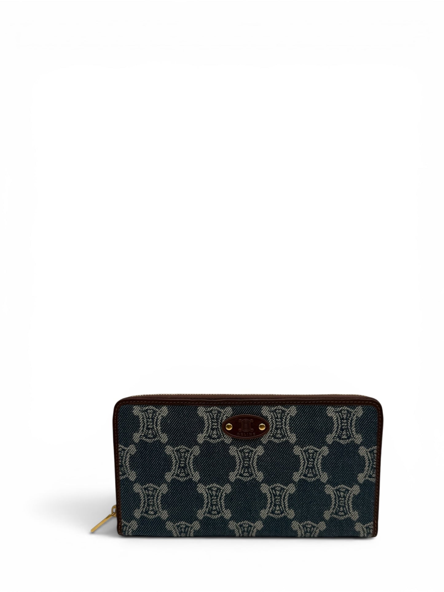 CELINE MACADAM BLUE MONOGRAM JACQUARD DENIM WITH BROWN LEATHER TRIM.