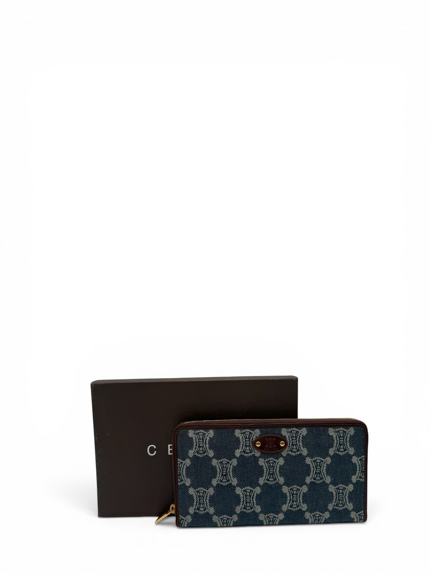 CELINE MACADAM BLUE MONOGRAM JACQUARD DENIM WITH BROWN LEATHER TRIM.