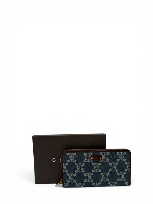 CELINE MACADAM BLUE MONOGRAM JACQUARD DENIM WITH BROWN LEATHER TRIM.