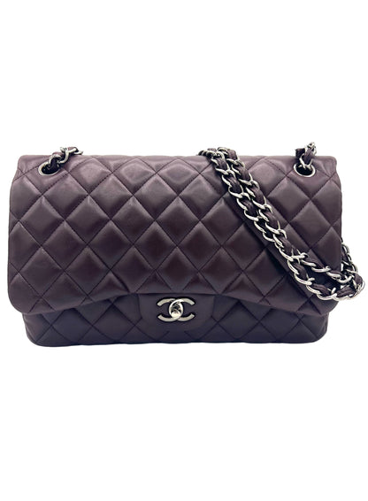 CHANEL PURPLE CLASSIC DOUBLE FLAP BAG QUILTED LAMBSKIN JUMBO