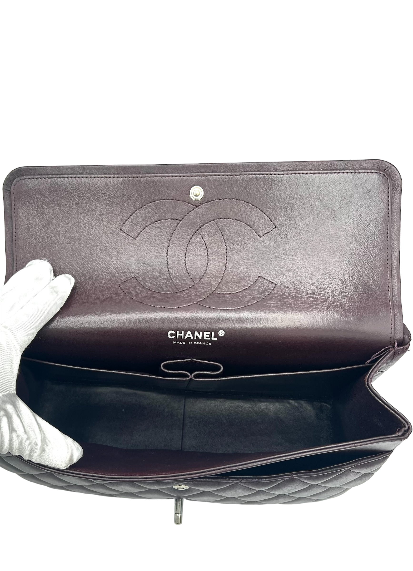 CHANEL PURPLE CLASSIC DOUBLE FLAP BAG QUILTED LAMBSKIN JUMBO