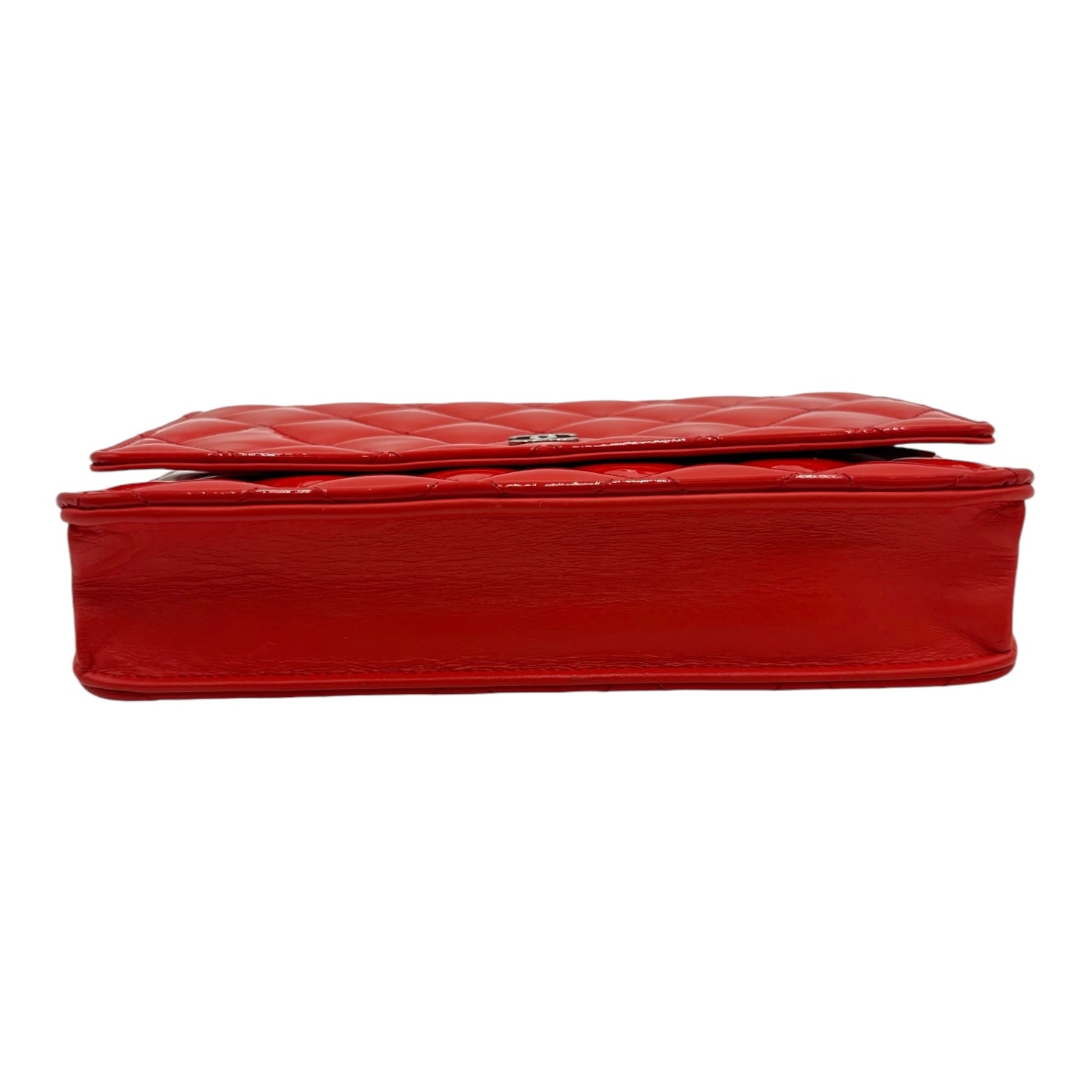 CHANEL ORANGE/RED QUILTED PATENT LEATHER CC WALLET ON CHAIN