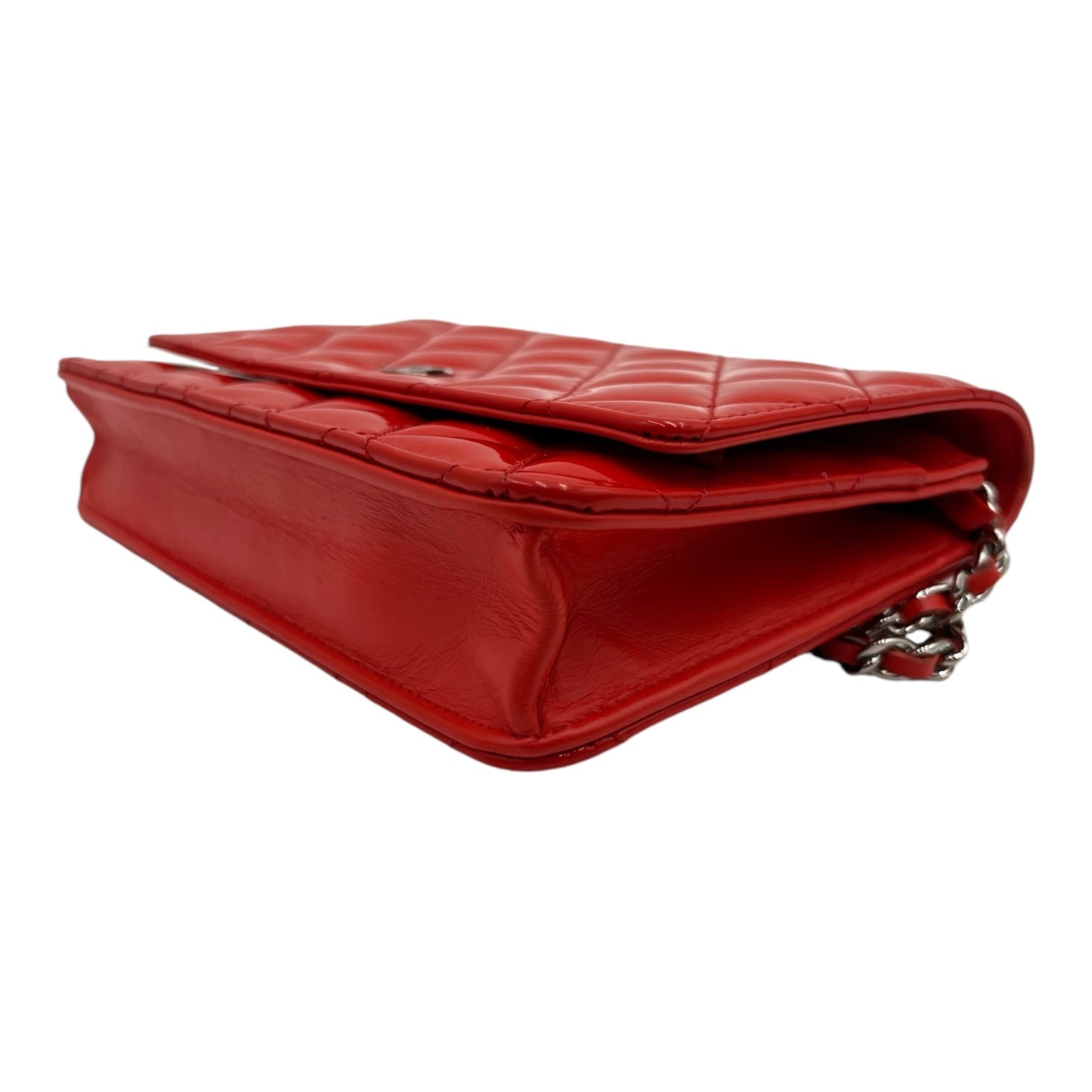 CHANEL ORANGE/RED QUILTED PATENT LEATHER CC WALLET ON CHAIN