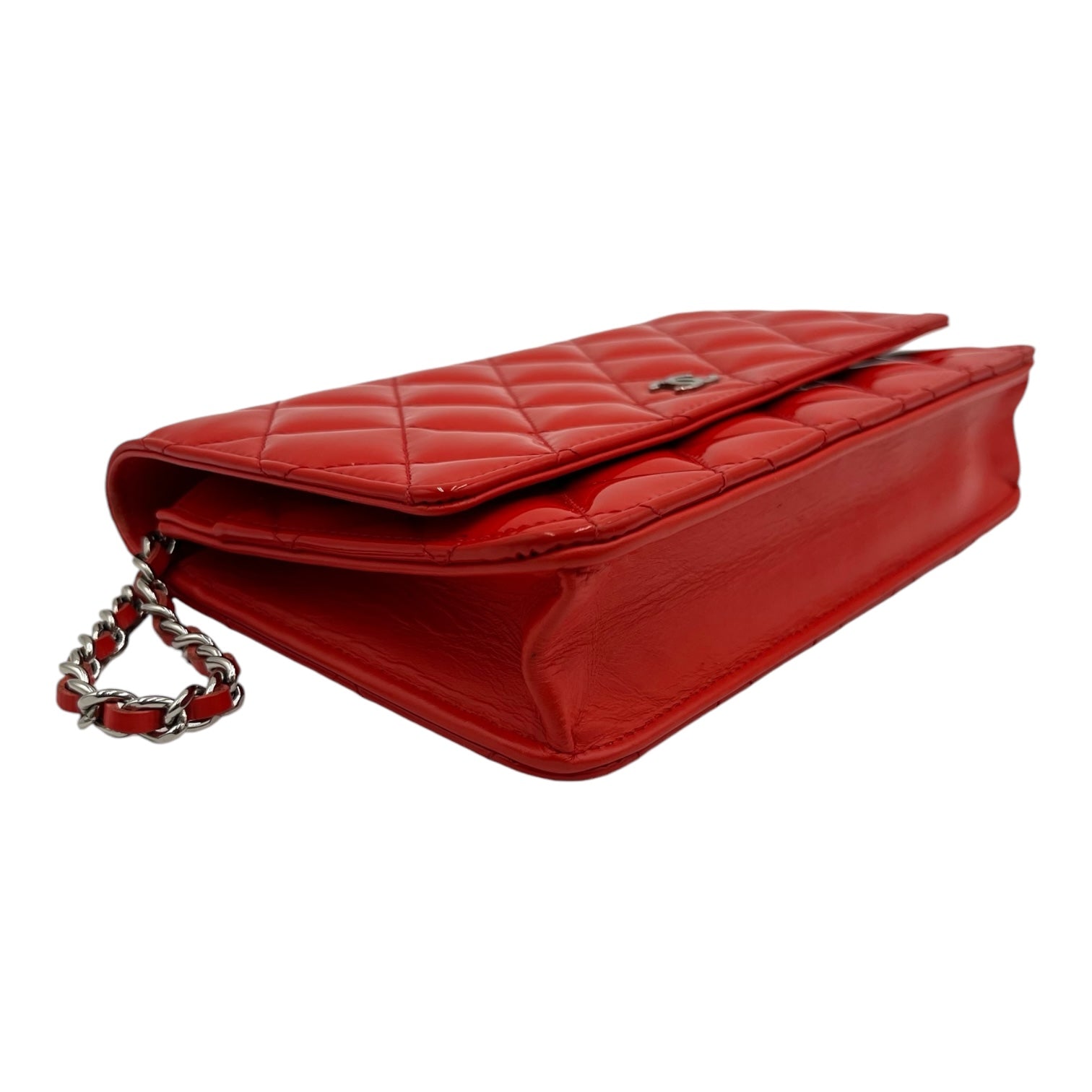 CHANEL ORANGE/RED QUILTED PATENT LEATHER CC WALLET ON CHAIN
