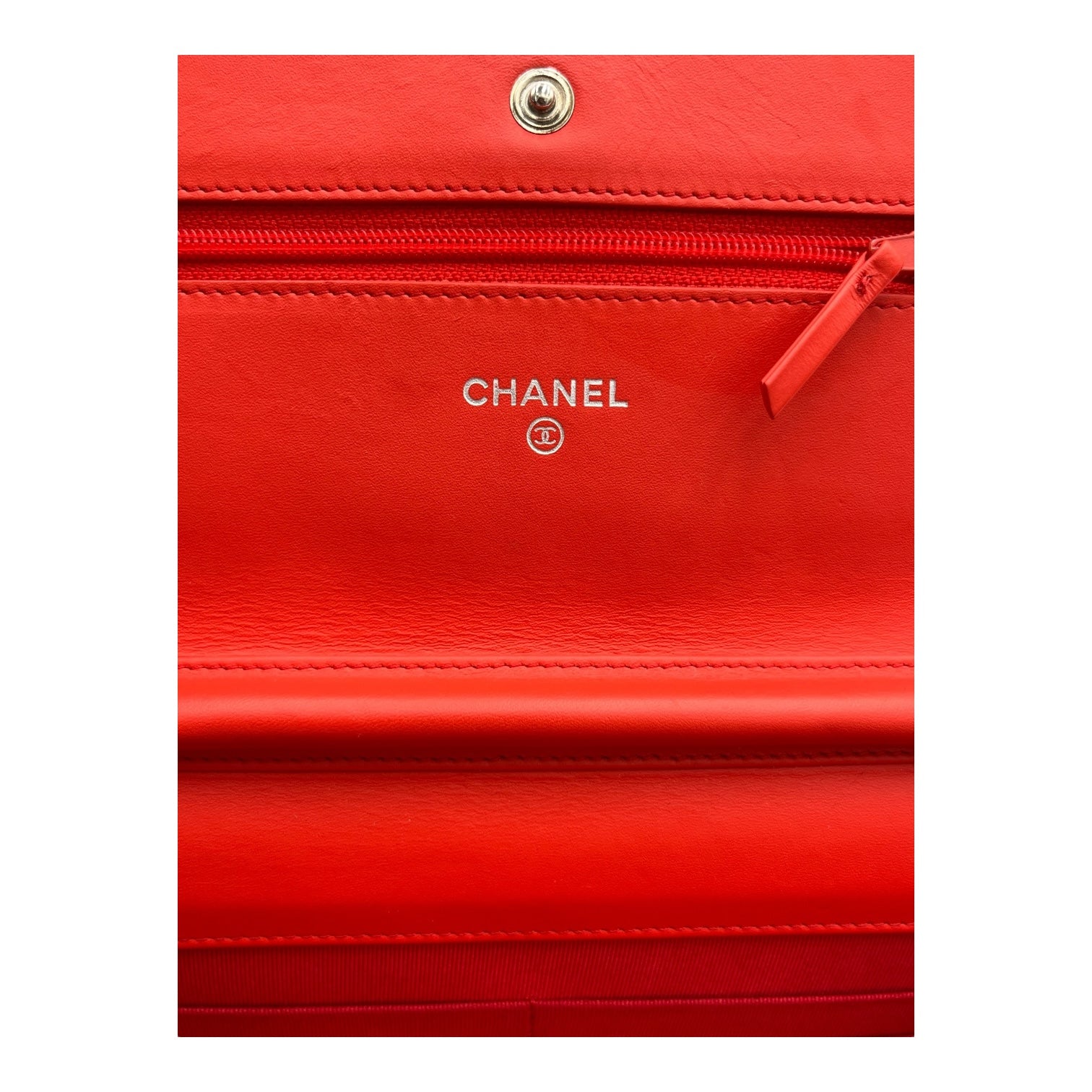 CHANEL ORANGE/RED QUILTED PATENT LEATHER CC WALLET ON CHAIN