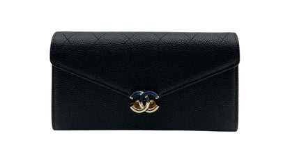 CHANEL BLACK CAVIAR CC WALLET WITH BLACK AND GOLD CC