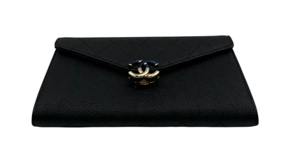 CHANEL BLACK CAVIAR CC WALLET WITH BLACK AND GOLD CC