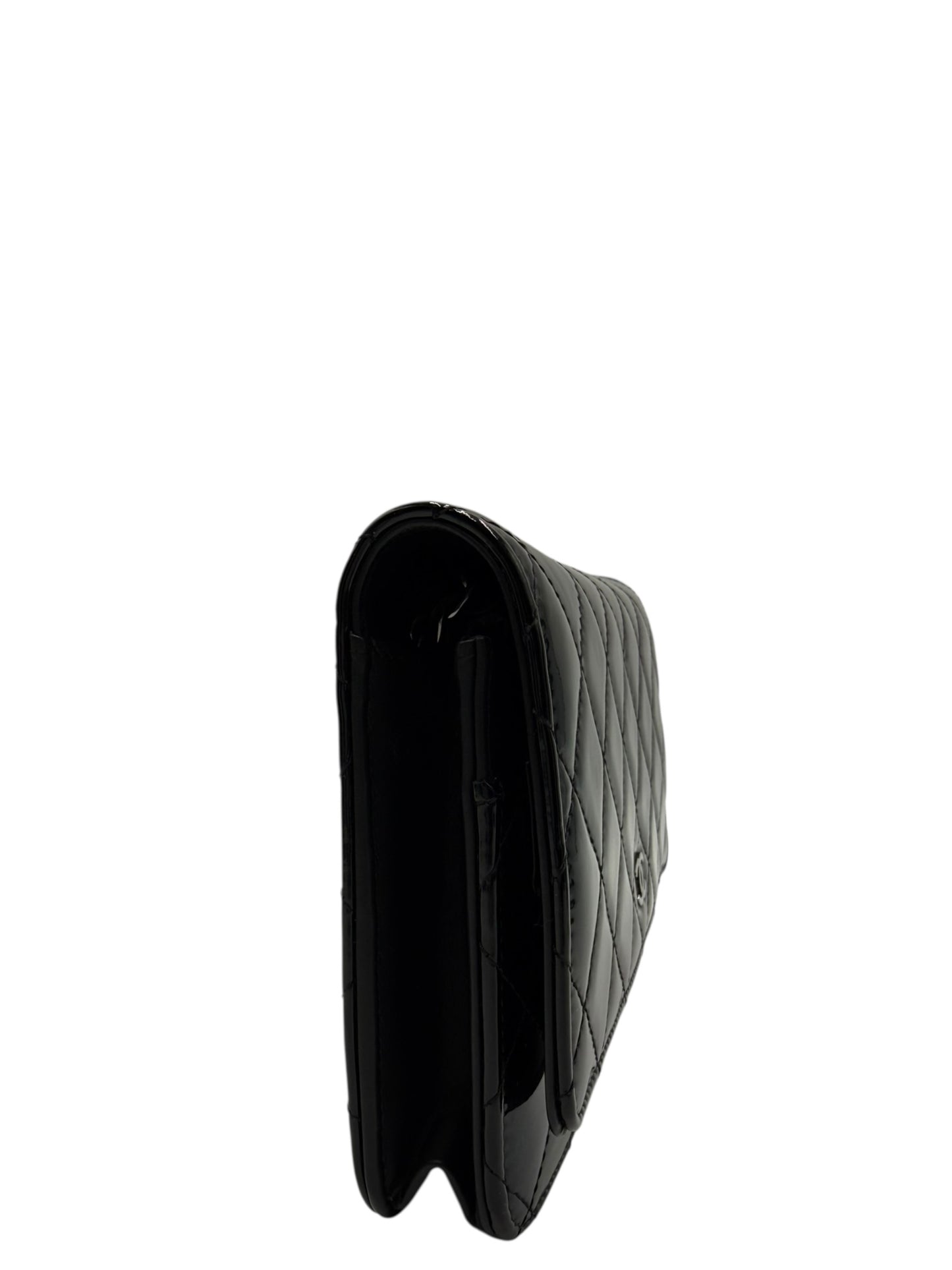 CHANEL BLACK QUILTED PATENT LEATHER CLASSIC WALLET ON CHAIN