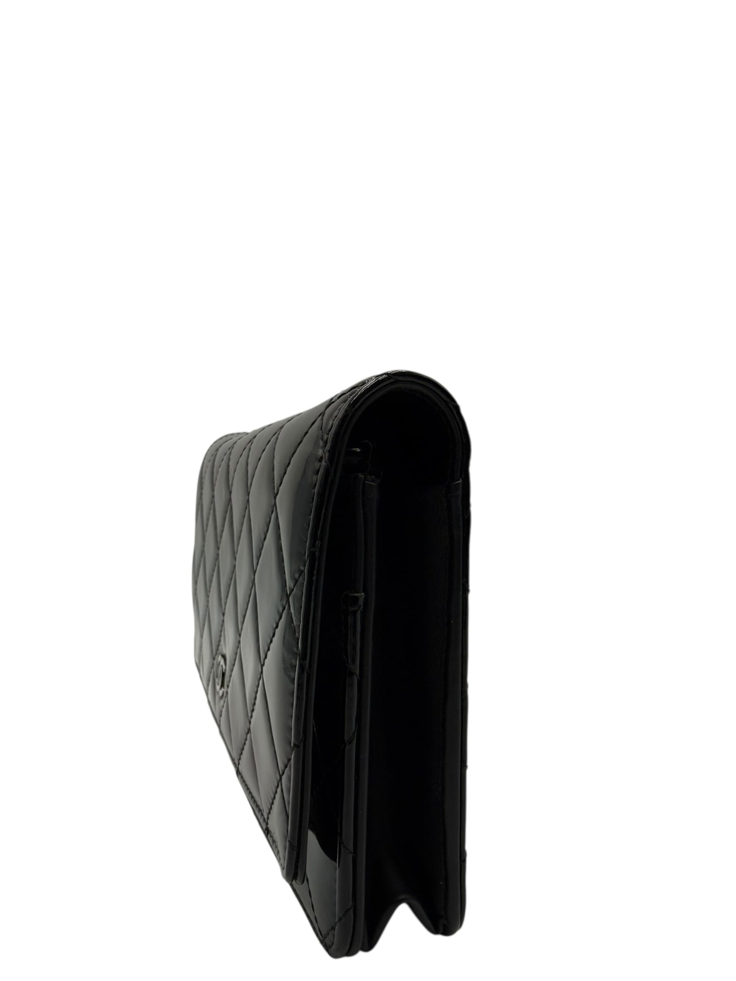 CHANEL BLACK QUILTED PATENT LEATHER CLASSIC WALLET ON CHAIN
