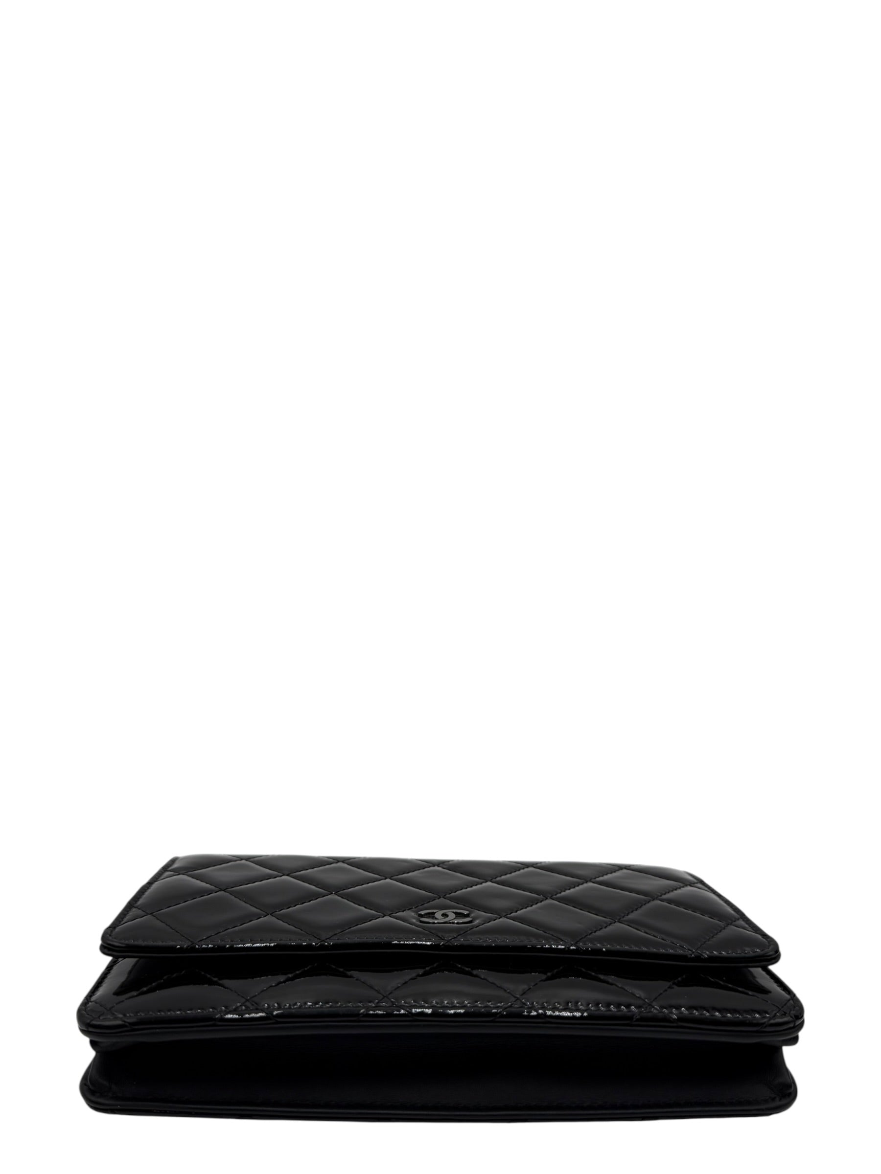 CHANEL BLACK QUILTED PATENT LEATHER CLASSIC WALLET ON CHAIN