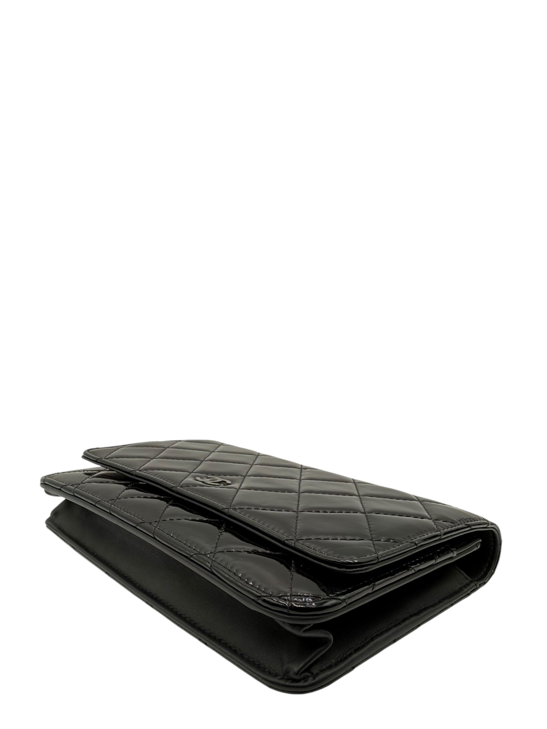 CHANEL BLACK QUILTED PATENT LEATHER CLASSIC WALLET ON CHAIN