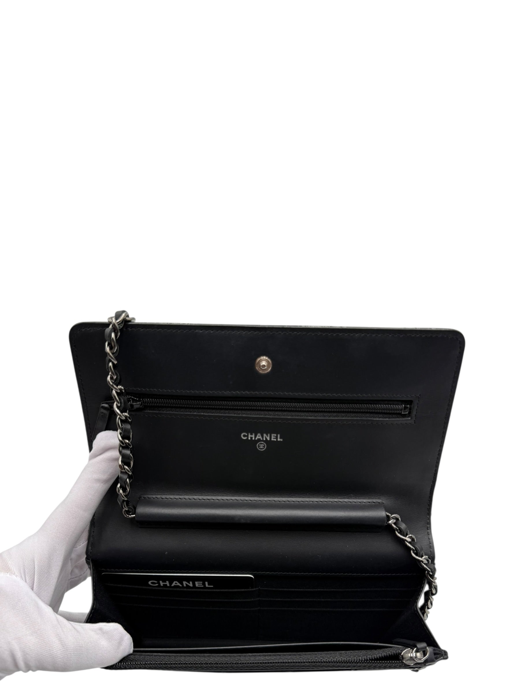 CHANEL BLACK QUILTED PATENT LEATHER CLASSIC WALLET ON CHAIN