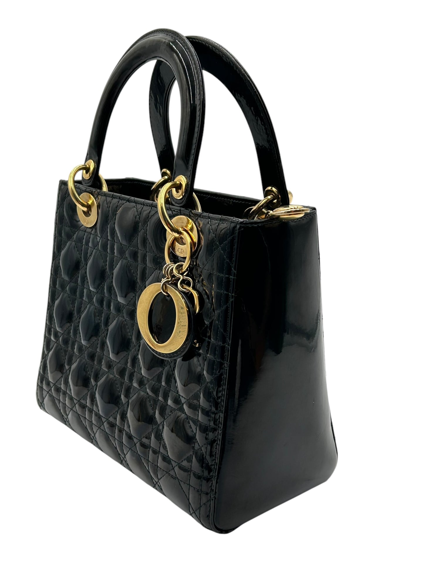 DIOR LADY MEDIUM BLACK WITH GOLD HARDWARE PATENT LEATHER