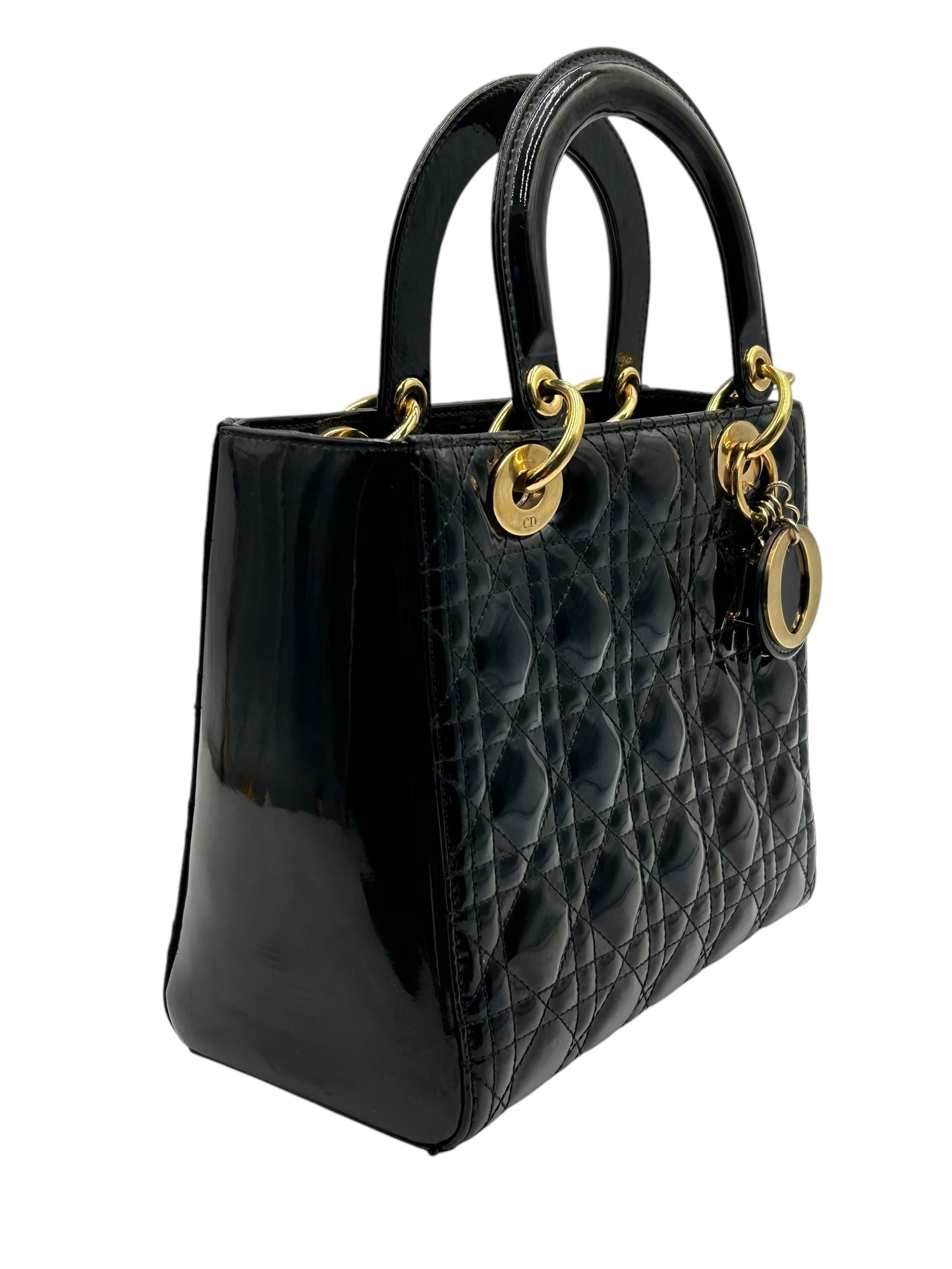 DIOR LADY MEDIUM BLACK WITH GOLD HARDWARE PATENT LEATHER