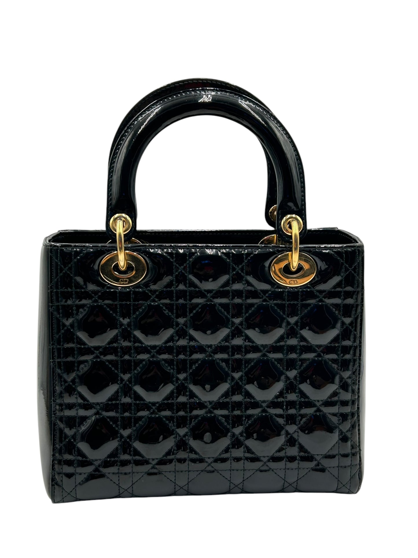 DIOR LADY MEDIUM BLACK WITH GOLD HARDWARE PATENT LEATHER