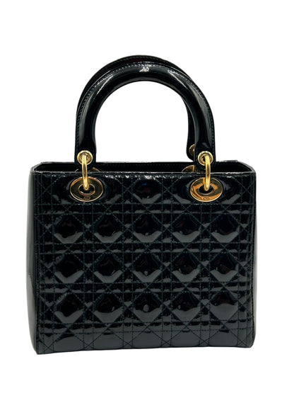 DIOR LADY MEDIUM BLACK WITH GOLD HARDWARE PATENT LEATHER