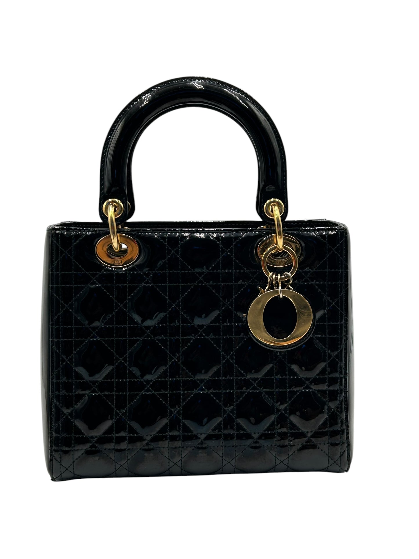 DIOR LADY MEDIUM BLACK WITH GOLD HARDWARE PATENT LEATHER