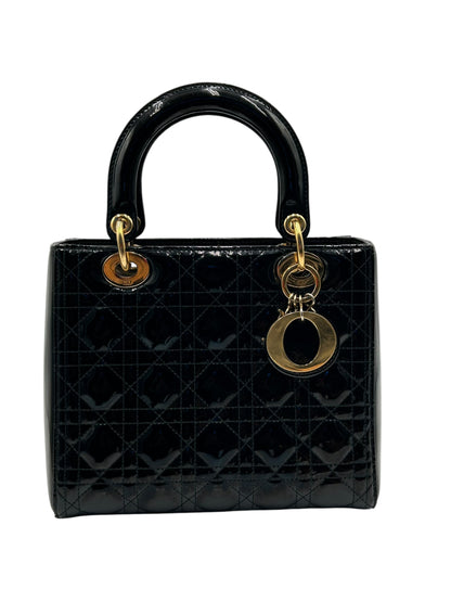 DIOR LADY MEDIUM BLACK WITH GOLD HARDWARE PATENT LEATHER
