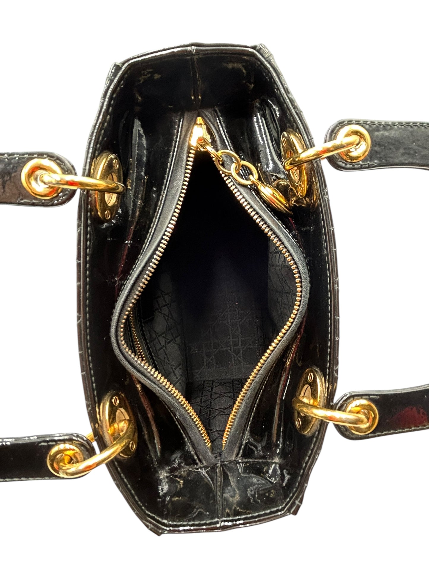 DIOR LADY MEDIUM BLACK WITH GOLD HARDWARE PATENT LEATHER