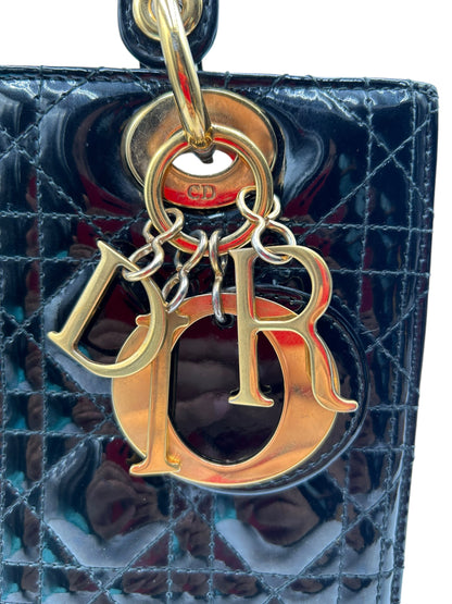 DIOR LADY MEDIUM BLACK WITH GOLD HARDWARE PATENT LEATHER