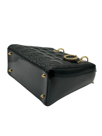 DIOR LADY MEDIUM BLACK WITH GOLD HARDWARE PATENT LEATHER