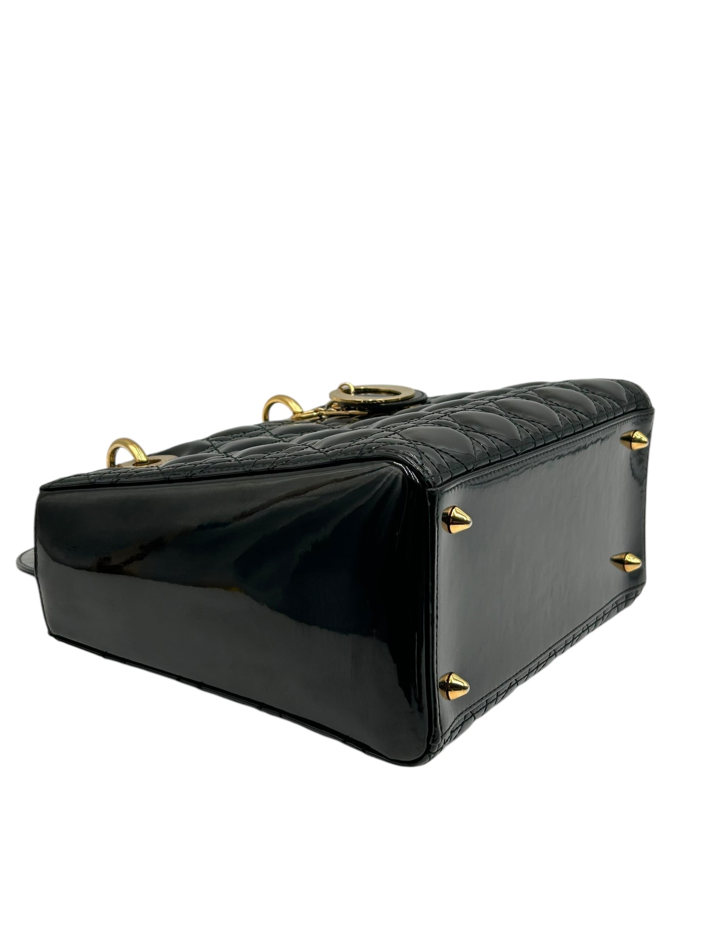 DIOR LADY MEDIUM BLACK WITH GOLD HARDWARE PATENT LEATHER