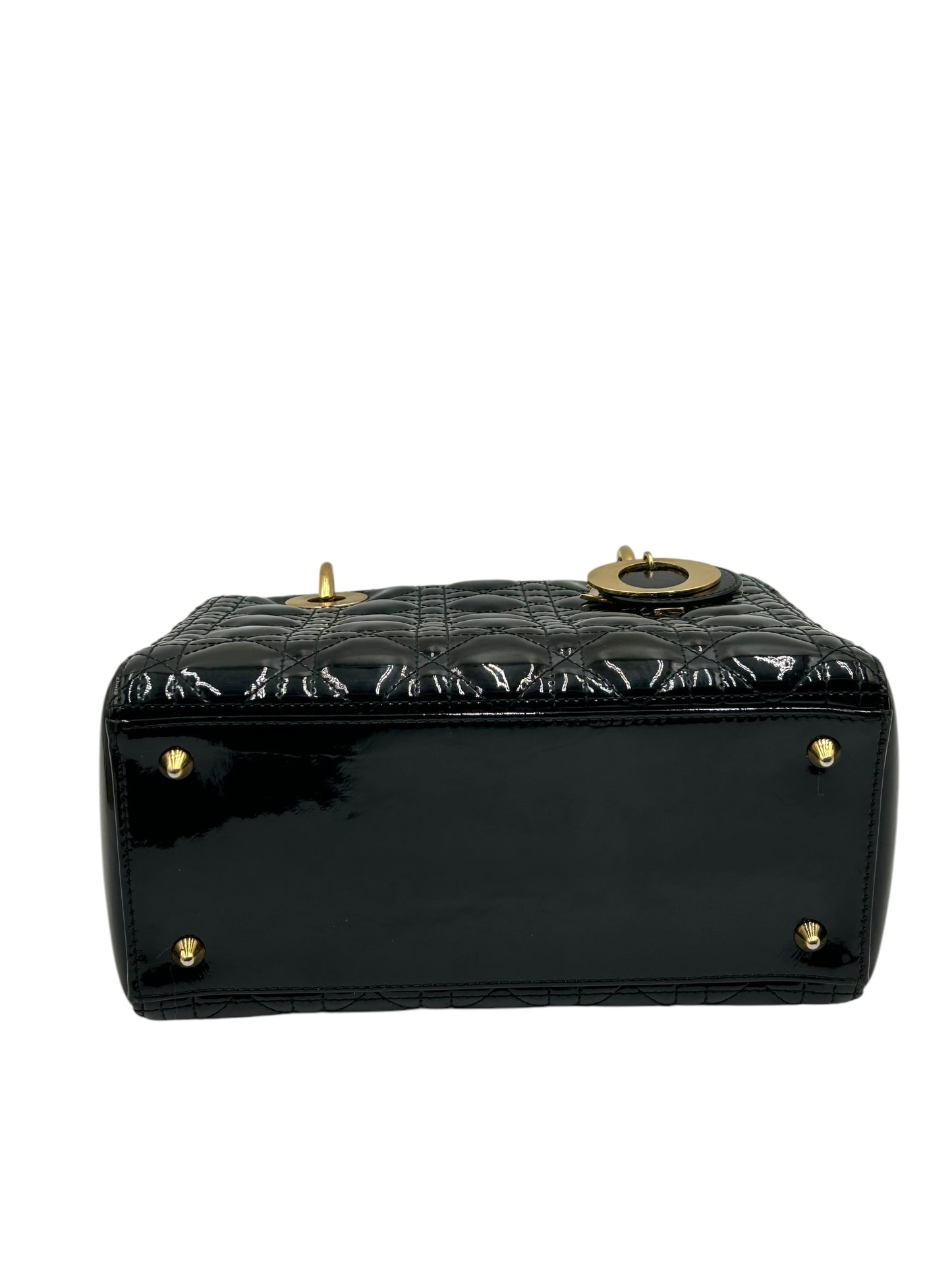 DIOR LADY MEDIUM BLACK WITH GOLD HARDWARE PATENT LEATHER