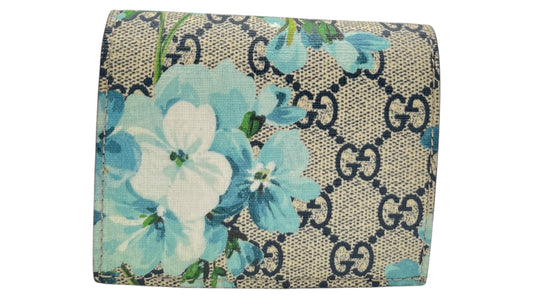 GUCCI GG SUPREME MONOGRAM BLOOMS CARD CASE WALLET BLUE/HIBISCUS RED