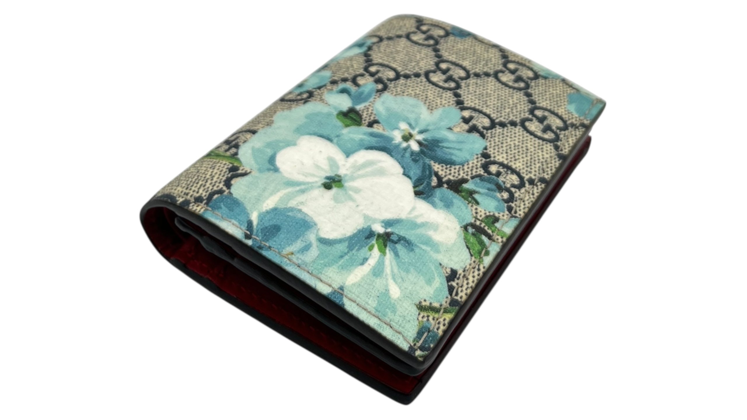 GUCCI GG SUPREME MONOGRAM BLOOMS CARD CASE WALLET BLUE/HIBISCUS RED