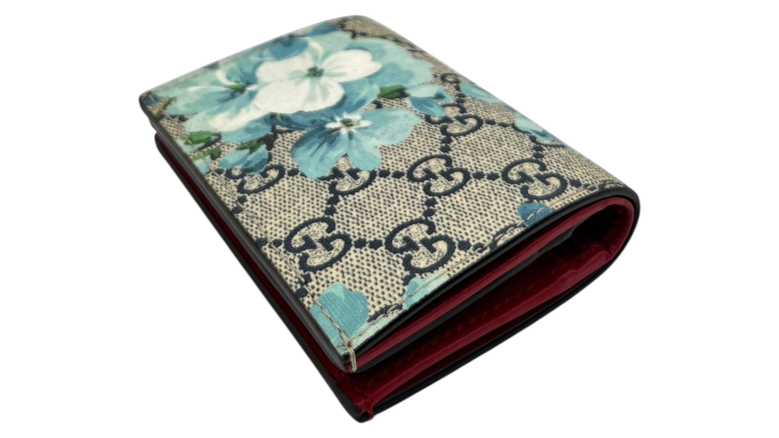 GUCCI GG SUPREME MONOGRAM BLOOMS CARD CASE WALLET BLUE/HIBISCUS RED