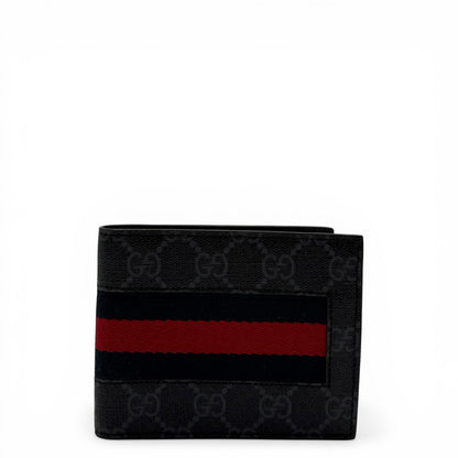 GUCCI WEB BLACK GG COATED CANVAS FABRIC BIFOLD WALLET
