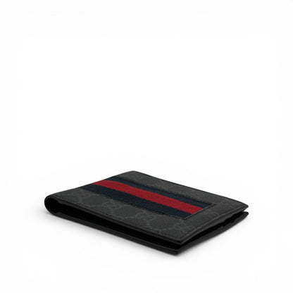 GUCCI WEB BLACK GG COATED CANVAS FABRIC BIFOLD WALLET