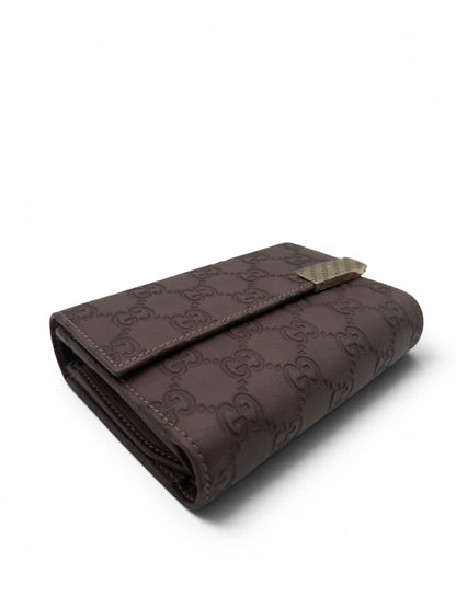 GUCCI GUCCISSIMA LEATHER FLAP FRENCH WALLET IN EGGPLANT
