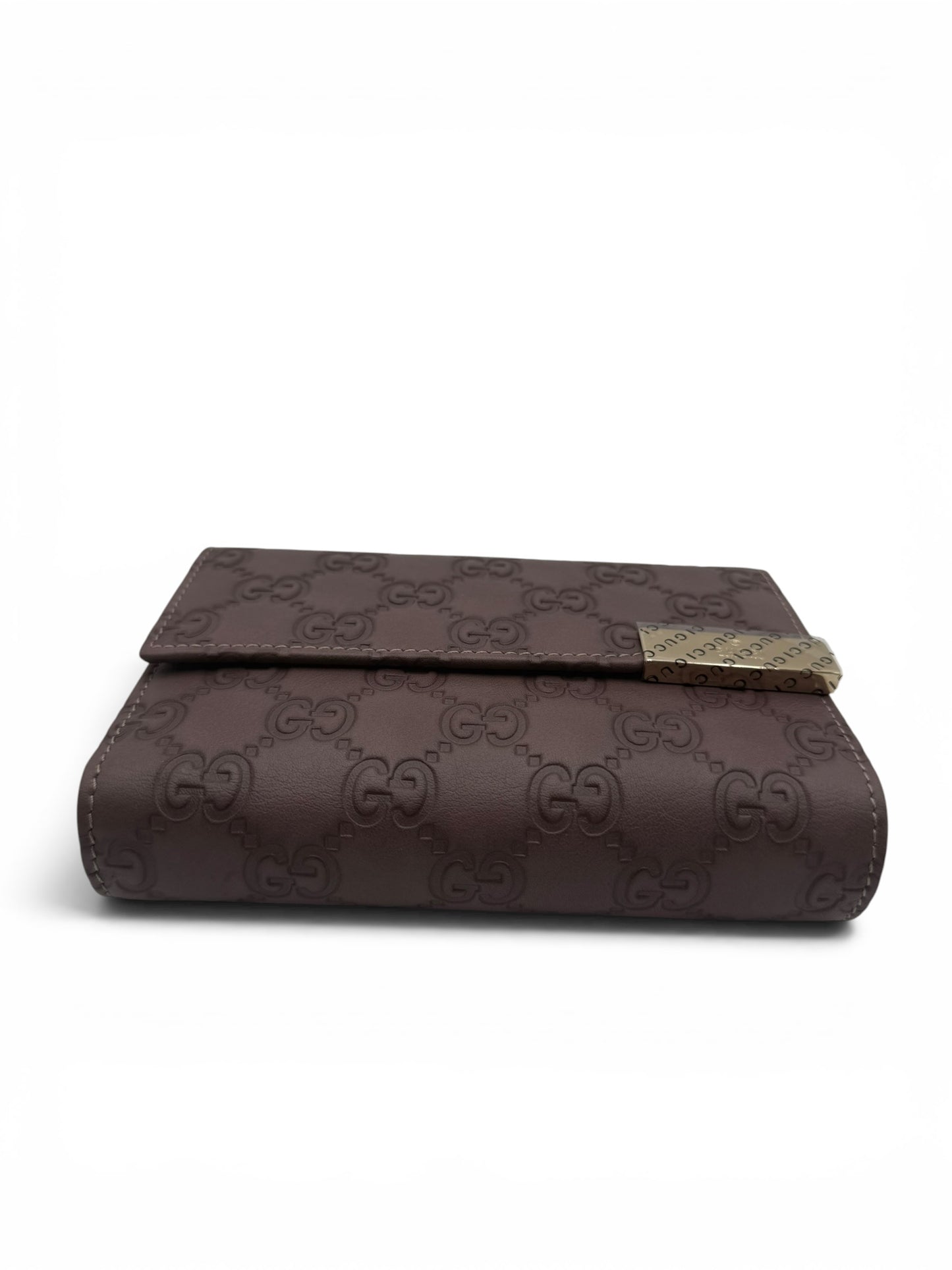 GUCCI GUCCISSIMA LEATHER FLAP FRENCH WALLET IN EGGPLANT