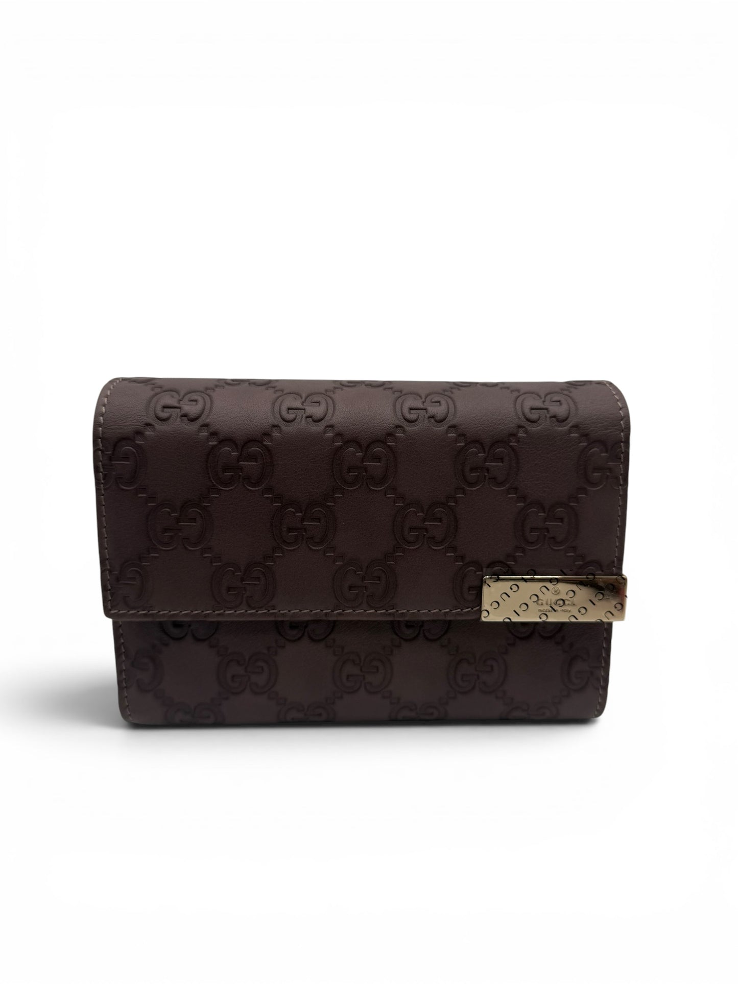 GUCCI GUCCISSIMA LEATHER FLAP FRENCH WALLET IN EGGPLANT