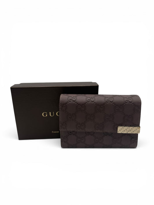 GUCCI GUCCISSIMA LEATHER FLAP FRENCH WALLET IN EGGPLANT