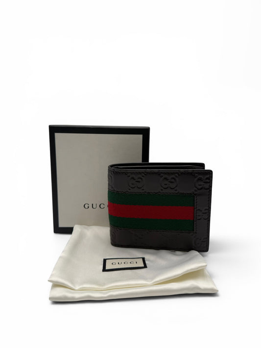 GUCCI DARK BROWN GUCCISSIMA LEATHER SIGNATURE WEB WALLET