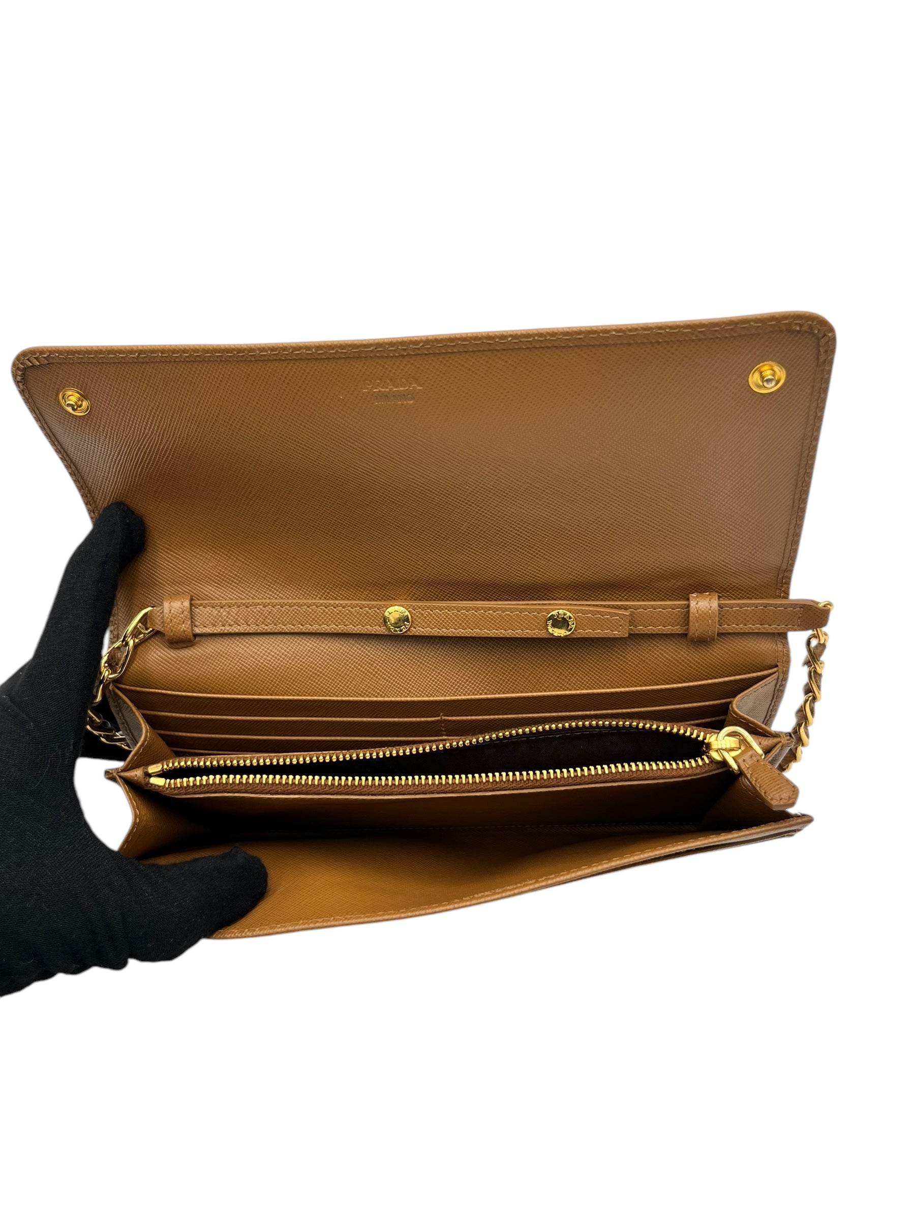 PRADA SAFFIANO WALLET ON CHAIN BROWN