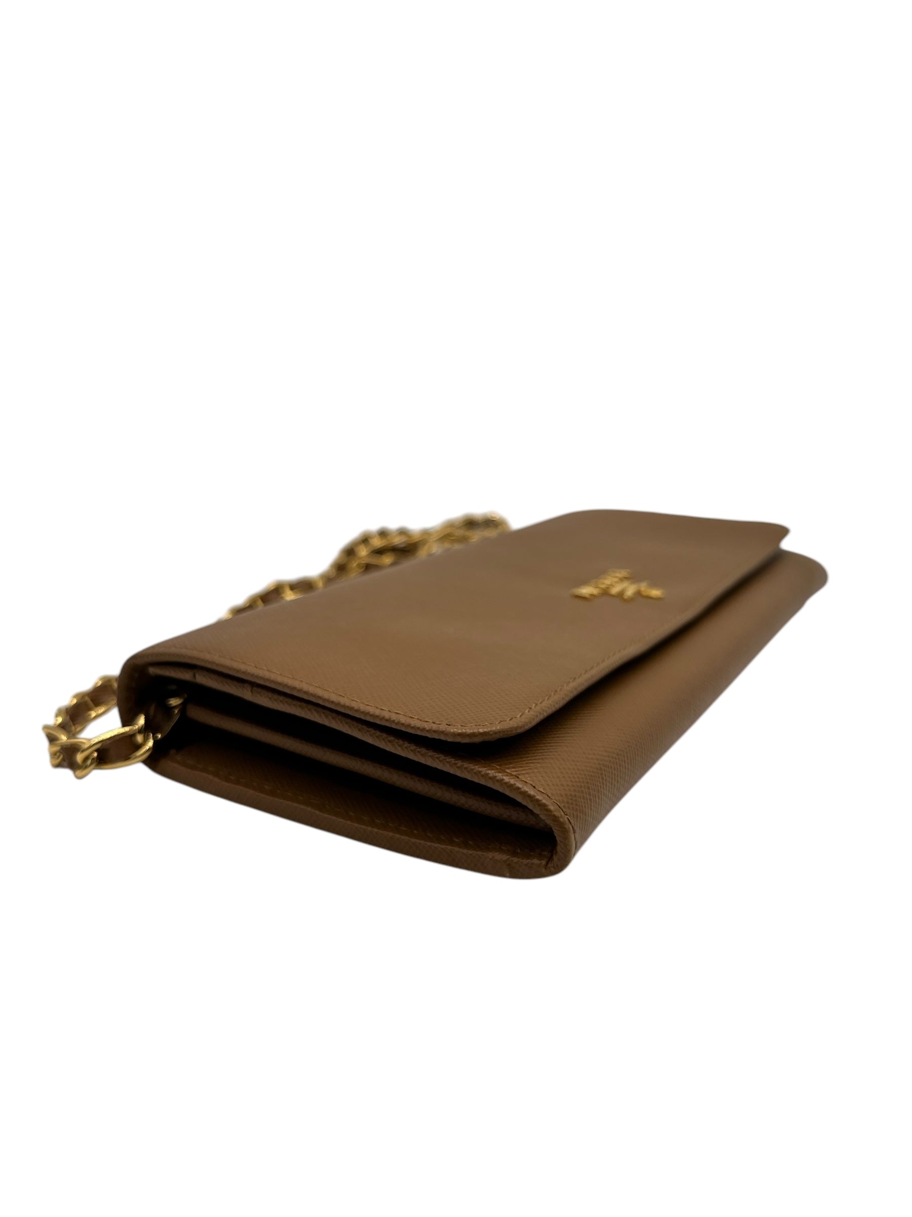 PRADA SAFFIANO WALLET ON CHAIN BROWN